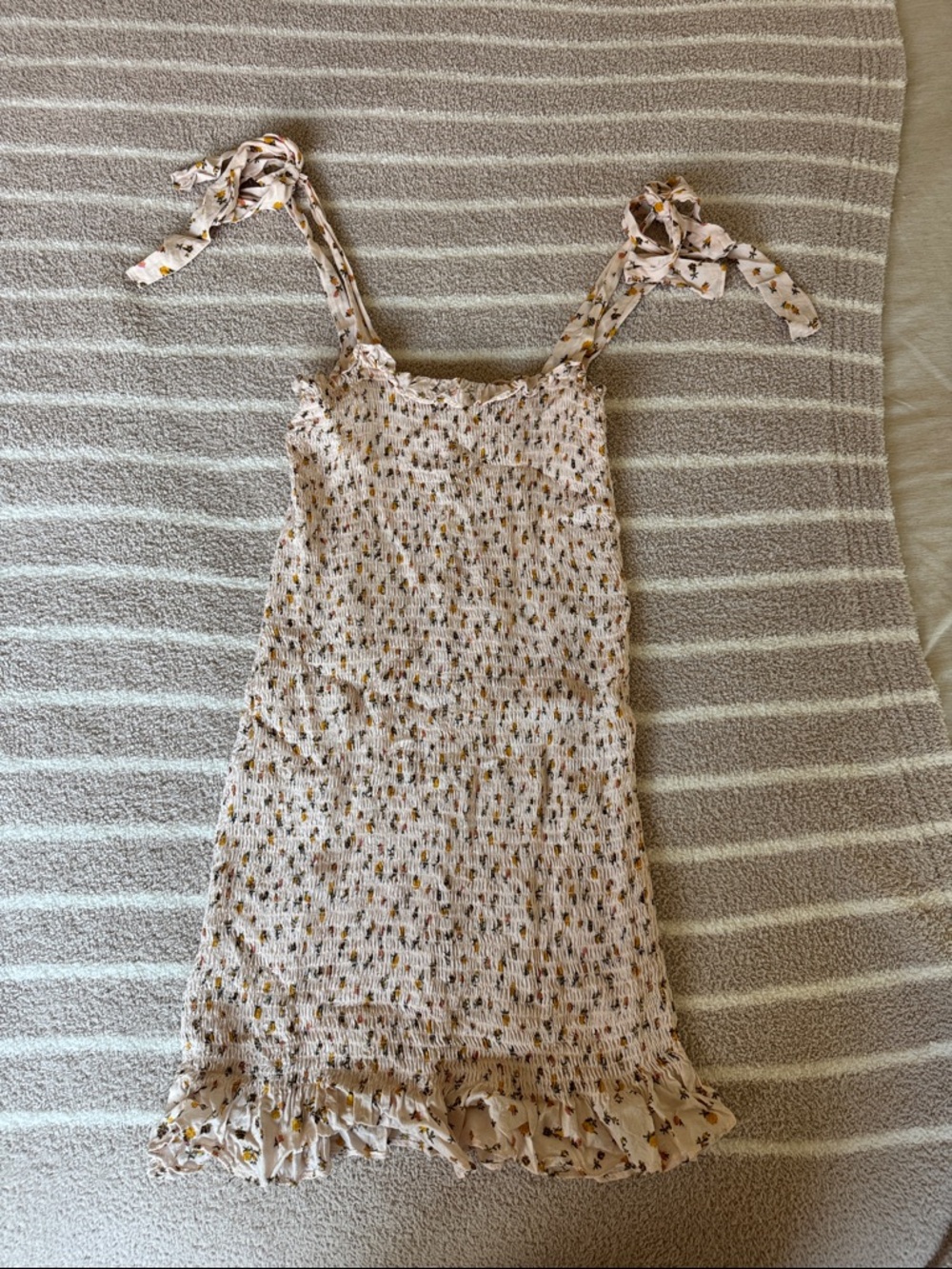 Free People Beige Smocked Floral Tie-Shoulder Dress